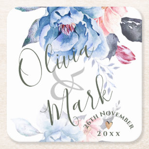 Cute Watercolor Blue Floral Pretty Script Wedding Square Paper Coaster