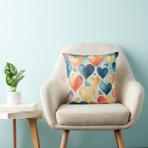 cute watercolor blue hearts pattern throw pillow