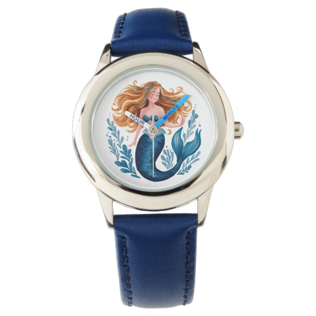 Cute Watercolor Blue Mermaid Kids Watch  (Front)