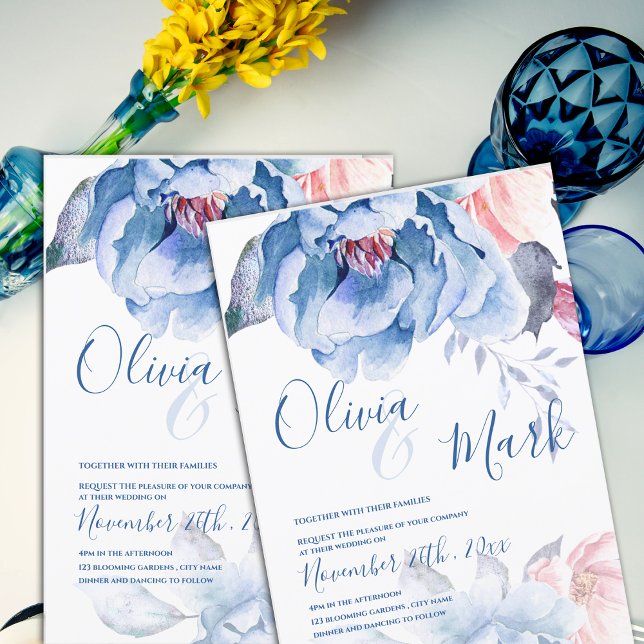 Cute Watercolor  Blue Peach Floral Script Wedding Invitation (Cute Watercolor Blue Peach Floral Script Wedding Invitation)
