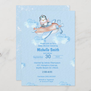   Cute Watercolor Blue Penguin Pilot Invitation