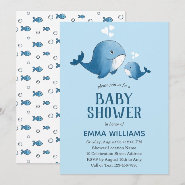 Cute Watercolor Blue Whale | Boy Baby Shower Invitation (Front/Back)