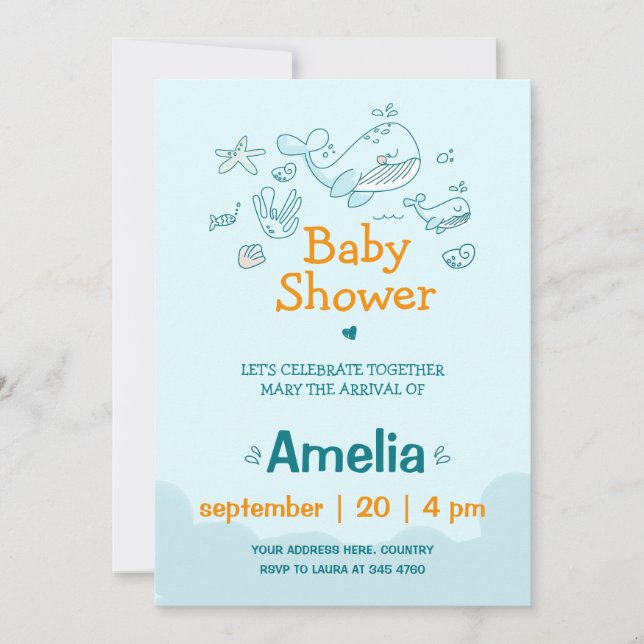 Cute Watercolor Blue Whale Boy Baby Shower Invitation (Front)