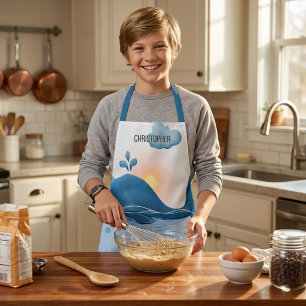 Cute Watercolor Blue Whale & Ocean Kids Apron