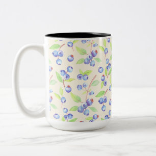 Cute Watercolor Blueberry Botanical Pattern Two-Tone Coffee Mug
