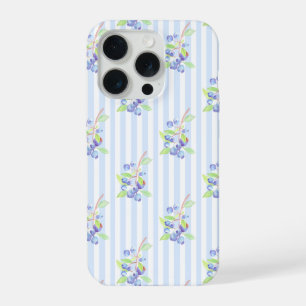 Cute Watercolor Blueberry Botanical Strips Pattern iPhone 15 Pro Case