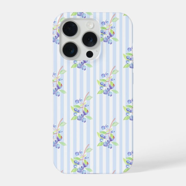 Cute Watercolor Blueberry Botanical Strips Pattern iPhone Case (Back)