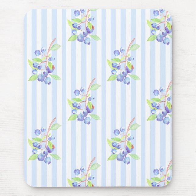 Cute Watercolor Blueberry Botanical Strips Pattern Mouse Pad (Front)