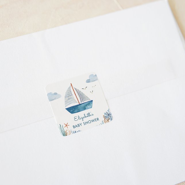 Cute Watercolor Boat Nautical Baby Shower   Square Sticker (Creator Uploaded)