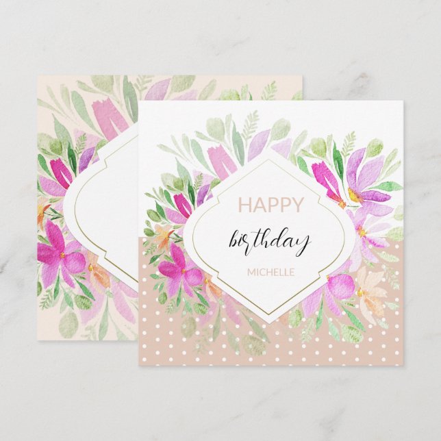 Cute Watercolor Boho Lilac Pink Floral Card (Front/Back)