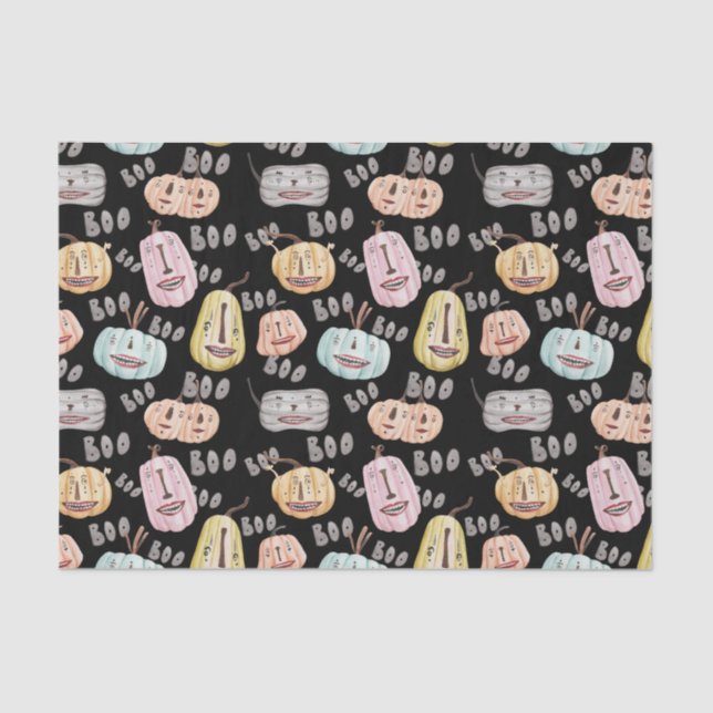 Cute Watercolor Boo Spooky Pumpkin Halloween Tissue Paper (Front)