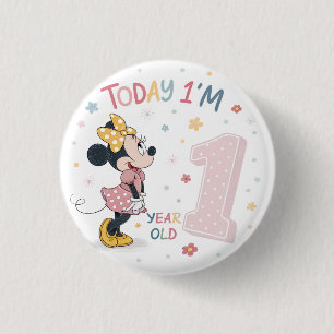 Cute Watercolor Bow Mouse Girl 1st Birthday  1 Inch Round Button
