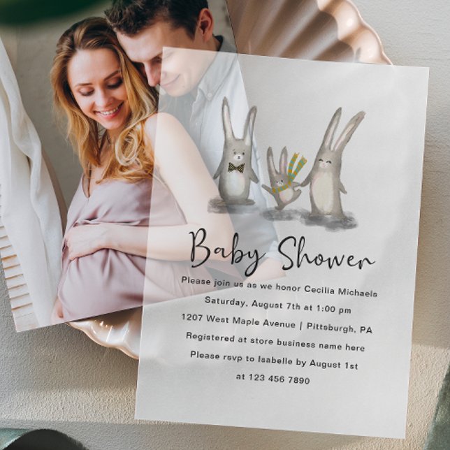 Cute Watercolor Bunnies Baby Shower Vellum Invitations (Creator Uploaded)