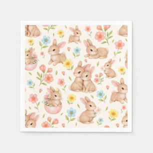Cute Watercolor Bunnies & Flowers Pattern Napkin