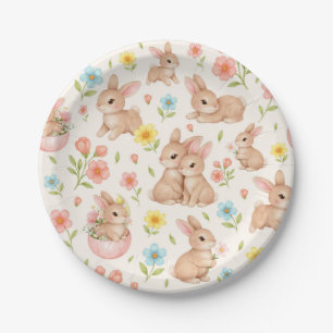 Cute Watercolor Bunnies & Flowers Pattern Paper Plate