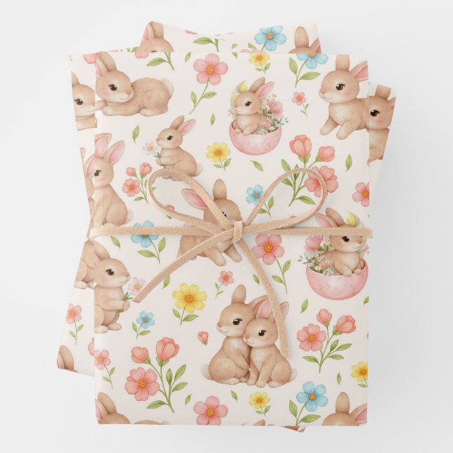 Cute Watercolor Bunnies & Flowers Pattern Wrapping Paper Sheet (In situ)