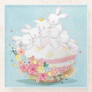 Cute Watercolor Bunnies Glass Coaster