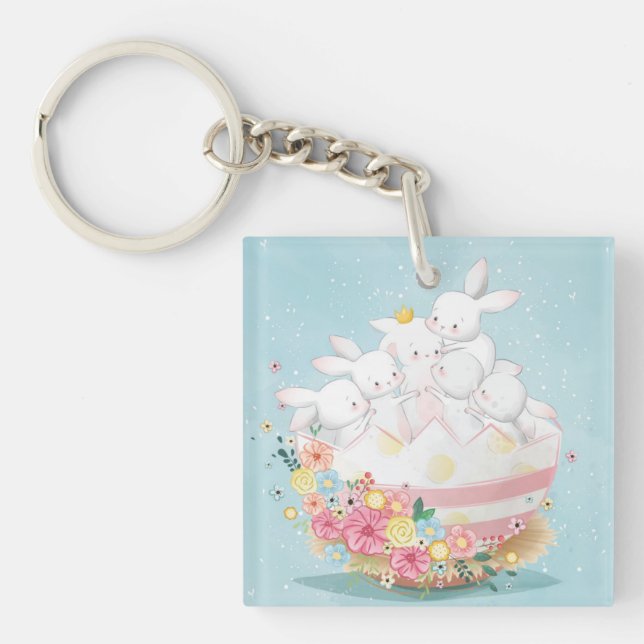 Cute Watercolor Bunnies Keychain (Front)