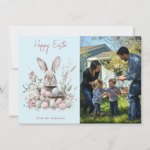 Cute Watercolor Bunny and Easter Egg Floral Photo  Holiday Card