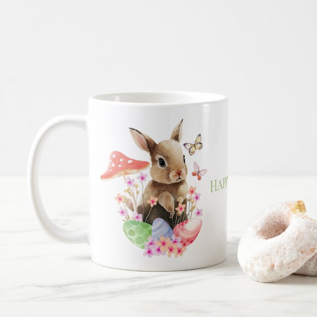 Cute Watercolor Bunny And Easter Eggs Coffee Mug (With Donut)