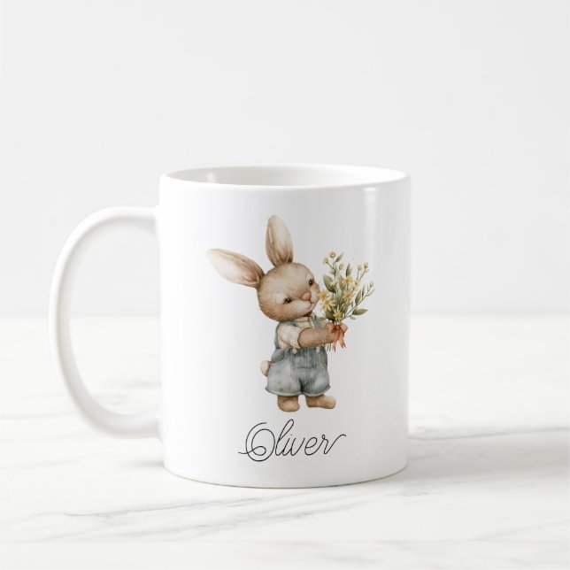 Cute Watercolor Bunny Boy Personalized Name Coffee Mug (Left)