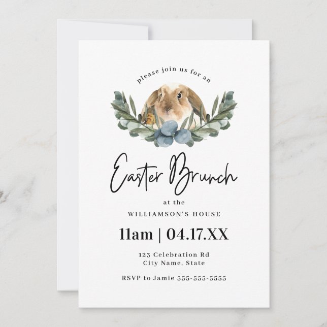 Cute Watercolor Bunny & Chic Easter Brunch Invitation (Front)