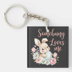 Cute Watercolor Bunny Easter Egg and Flowers Keychain