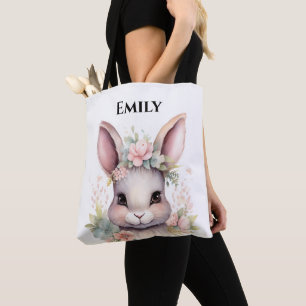 Cute Watercolor Bunny Easter Name Tote Bag
