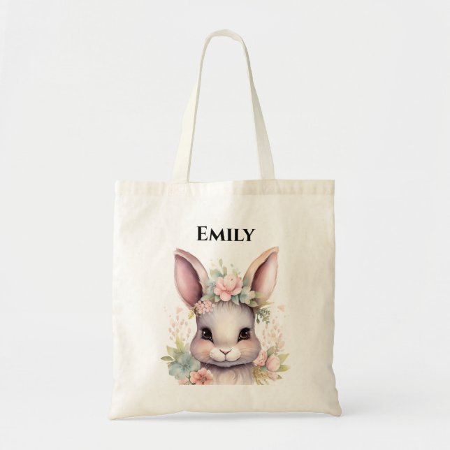 Cute Watercolor Bunny Easter Name Tote Bag (Front)