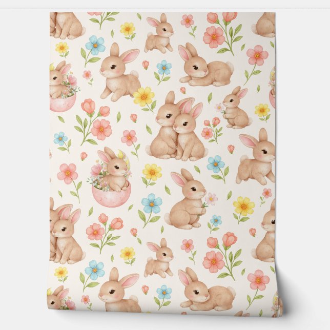 Cute Watercolor Bunny & Floral Spring Pattern Wallpaper (Unrolling)