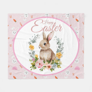 Cute Watercolor Bunny Floral Wreath Easter Fleece Blanket