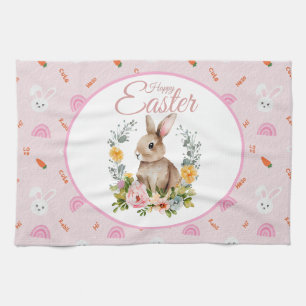 Cute Watercolor Bunny Floral Wreath Easter Kitchen Towel