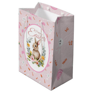 Cute Watercolor Bunny Floral Wreath Easter Medium Gift Bag