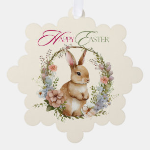 Cute Watercolor Bunny Floral Wreath Easter Ornament Card