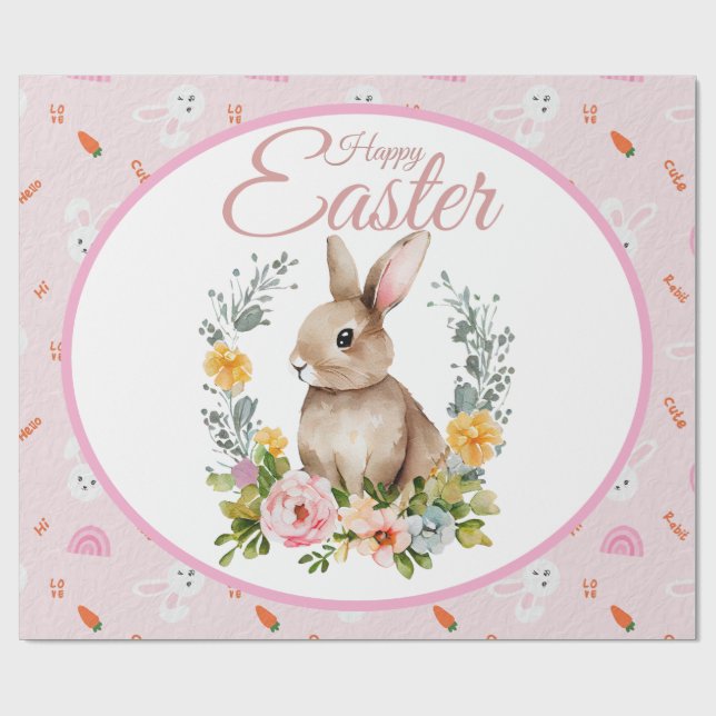 Cute Watercolor Bunny Floral Wreath Easter Wrapping Paper (Flat)