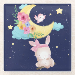 Cute Watercolor Bunny Glass Coaster