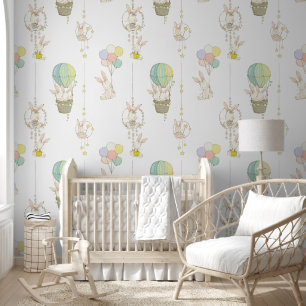Cute Watercolor Bunny Hot Air Balloon Boy Girl Wallpaper