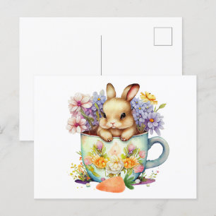 Cute Watercolor Bunny in Flower Tea Cup  Postcard