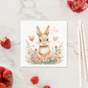 Cute Watercolor Bunny Pink Hearts Floral Woodland Napkin