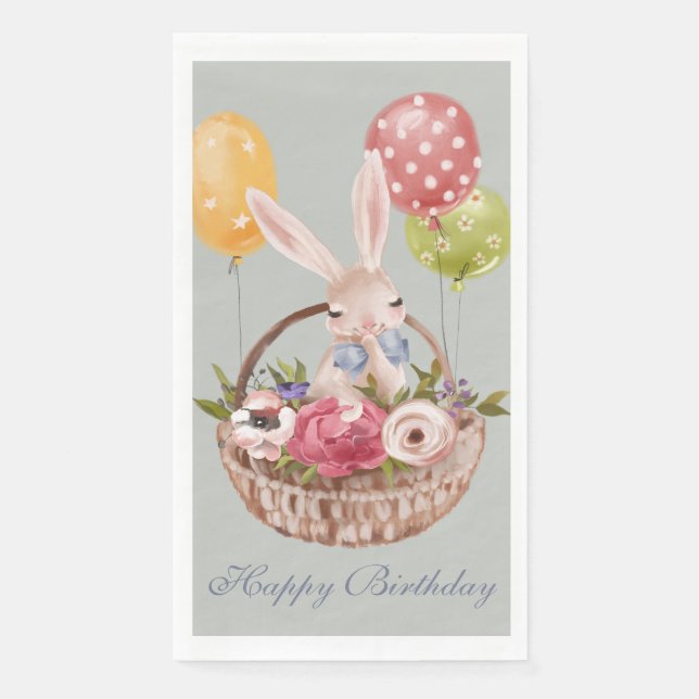Cute Watercolor Bunny Rabbit Flowers | Birthday Napkin (Front)
