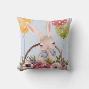 Cute Watercolor Bunny Rabbit Flowers Easter Throw Pillow