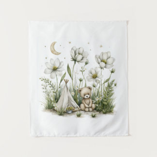 Cute Watercolor Bunny Rabbit with Moon and Stars Tapestry
