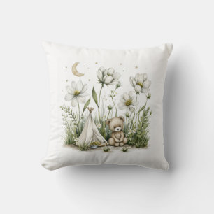 Cute Watercolor Bunny Rabbit with Moon and Stars Throw Pillow