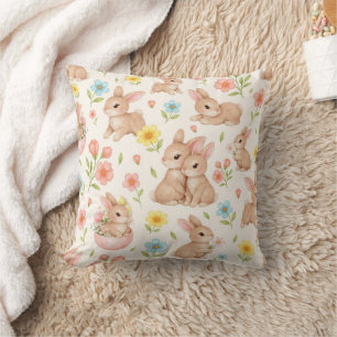 Cute Watercolor Bunny & Spring Flowers Pattern Throw Pillow