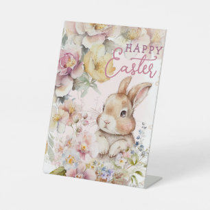 Cute Watercolor Bunny   Spring Flowers  Pedestal Sign