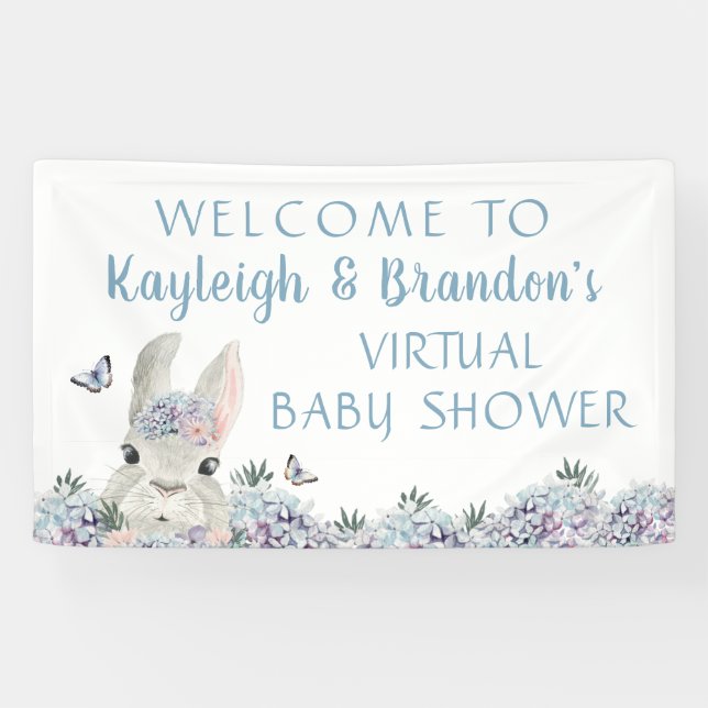 Cute Watercolor Bunny Virtual Baby Shower Welcome Banner (Horizontal)