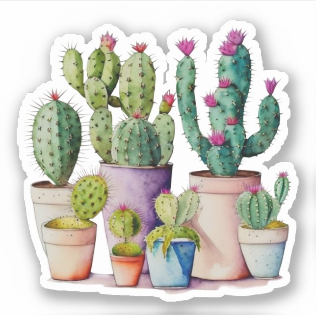 Cute watercolor cacti cactus succulents in pots (Front)