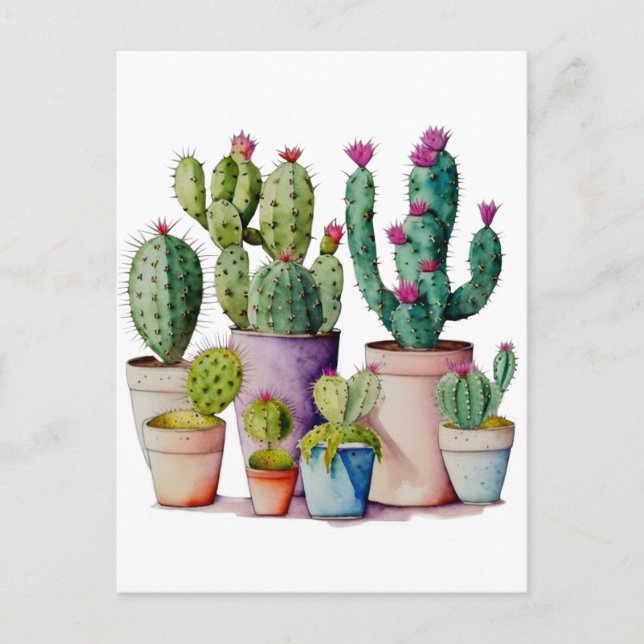 Cute watercolor cacti cactus succulents in pots postcard (Front)