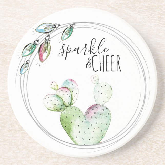 Cute Watercolor Cactus Christmas Coaster (Front)
