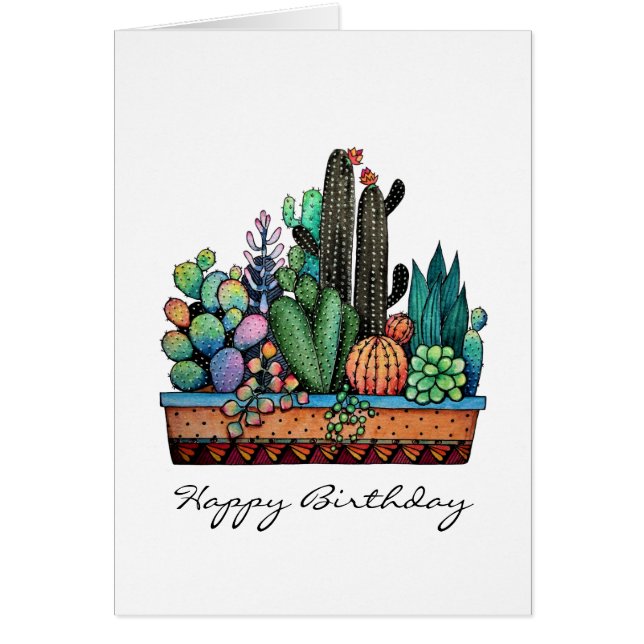Cute Watercolor Cactus Garden In Beautiful Pot (Front)